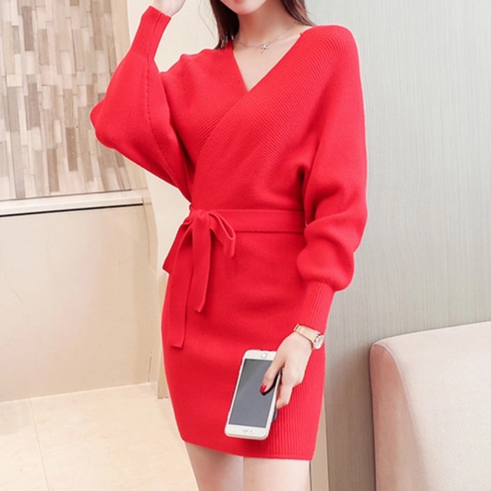 New! Red V Neck Wrap Ribbed Cashmere Sweater Dress - Picture 2 of 8